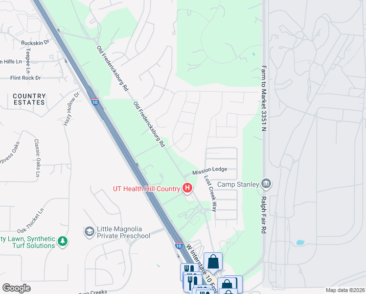 map of restaurants, bars, coffee shops, grocery stores, and more near 26011 Florencia Villa in Boerne