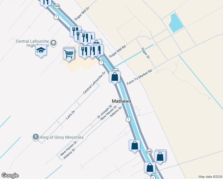 map of restaurants, bars, coffee shops, grocery stores, and more near 4930-4970 Highway 1 in Raceland