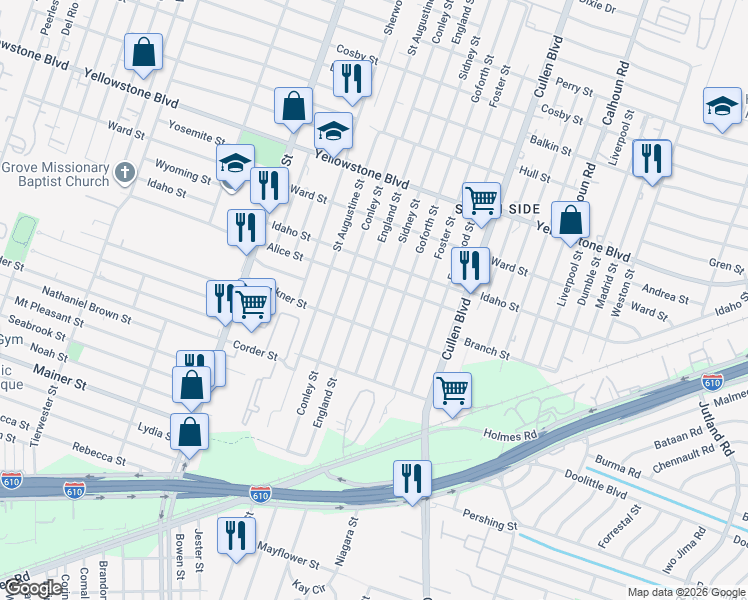 map of restaurants, bars, coffee shops, grocery stores, and more near 7006 Sidney Street in Houston