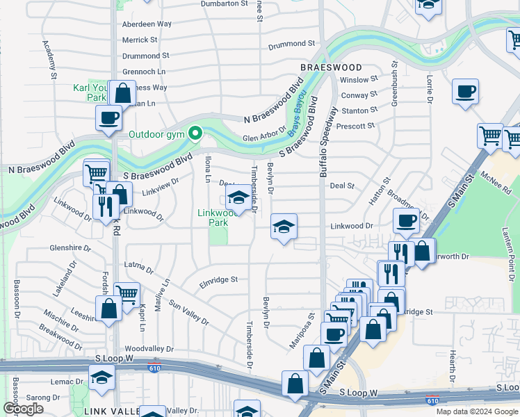 map of restaurants, bars, coffee shops, grocery stores, and more near 3660 Timberside Circle Drive in Houston