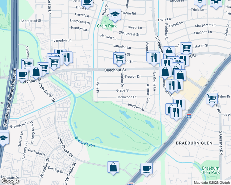 map of restaurants, bars, coffee shops, grocery stores, and more near 9007 Grape Street in Houston