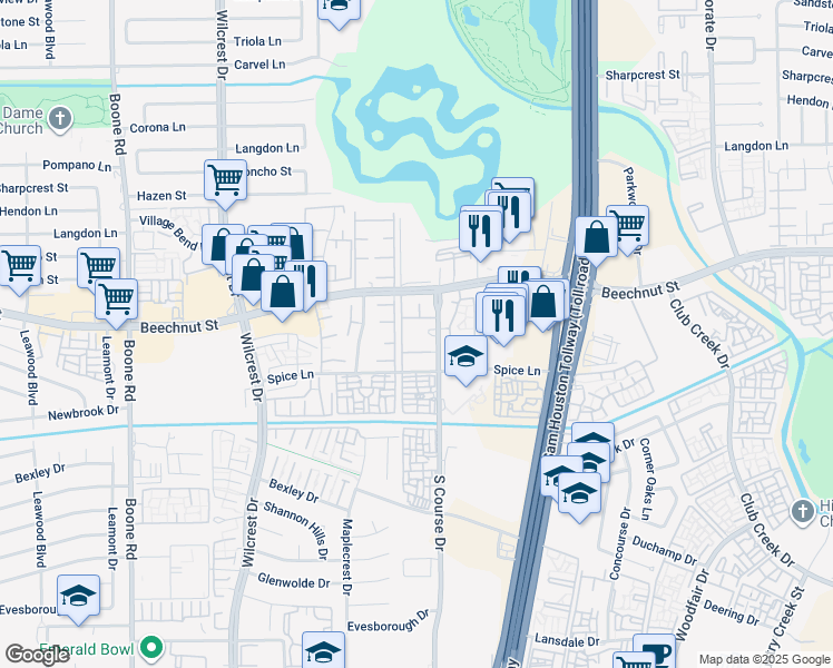 map of restaurants, bars, coffee shops, grocery stores, and more near 8304 South Course Drive in Houston
