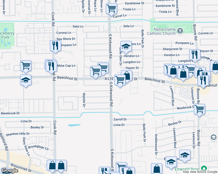 map of restaurants, bars, coffee shops, grocery stores, and more near 8237 South Kirkwood Road in Houston