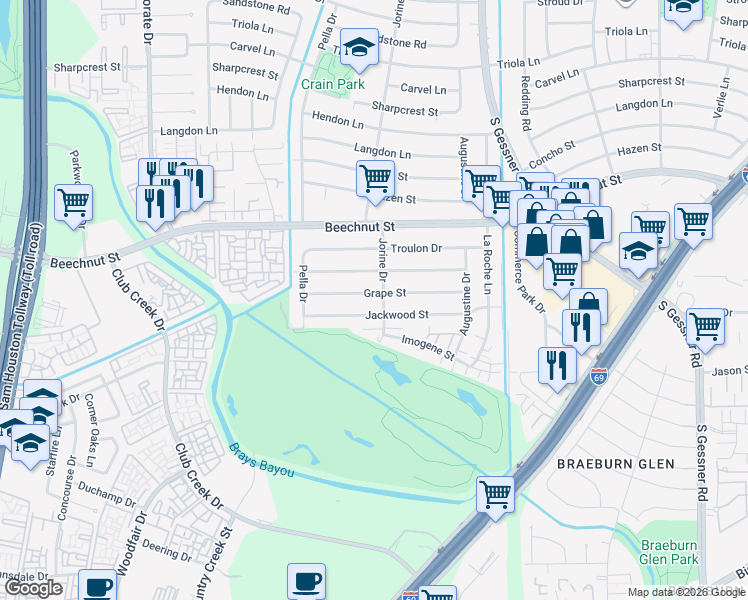 map of restaurants, bars, coffee shops, grocery stores, and more near 9007 Grape Street in Houston
