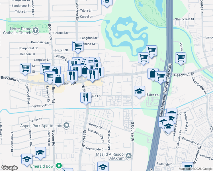 map of restaurants, bars, coffee shops, grocery stores, and more near 10615 Beechnut Street in Houston