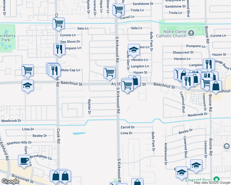 map of restaurants, bars, coffee shops, grocery stores, and more near 8237 South Kirkwood Road in Houston