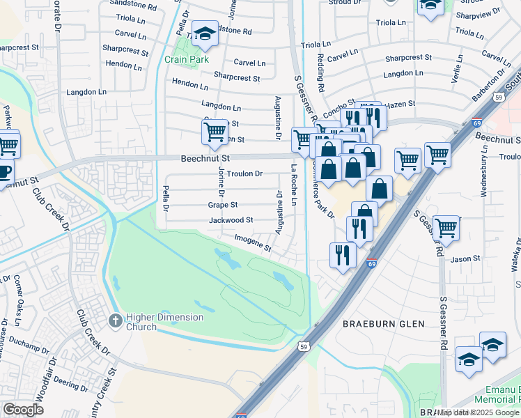 map of restaurants, bars, coffee shops, grocery stores, and more near 8819 Grape Street in Houston