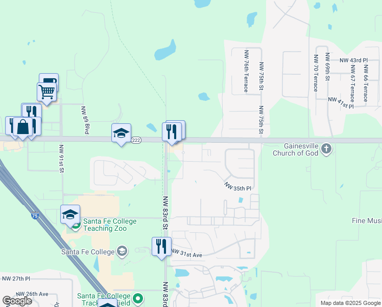 map of restaurants, bars, coffee shops, grocery stores, and more near 8013 Northwest 39th Avenue in Gainesville
