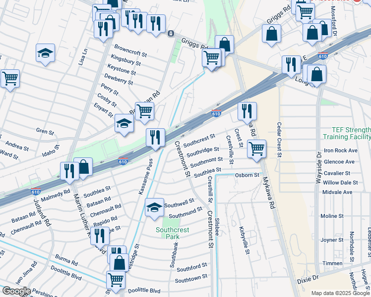 map of restaurants, bars, coffee shops, grocery stores, and more near 5910 Southcrest Street in Houston