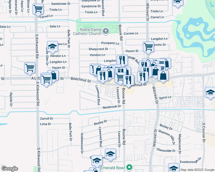 map of restaurants, bars, coffee shops, grocery stores, and more near 11343 Beechnut Street in Houston