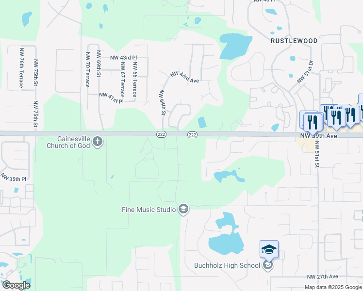 map of restaurants, bars, coffee shops, grocery stores, and more near 3817 Northwest 63 Street in Gainesville