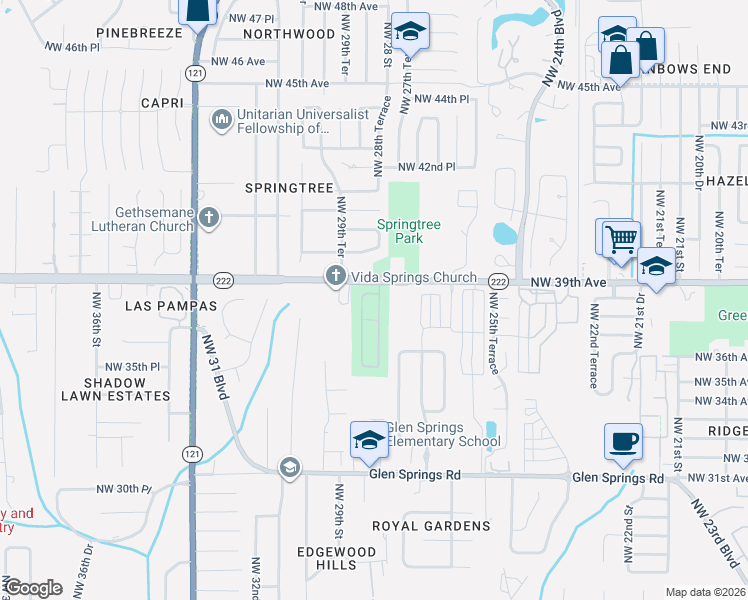 map of restaurants, bars, coffee shops, grocery stores, and more near 3809 Northwest 29th Street in Gainesville