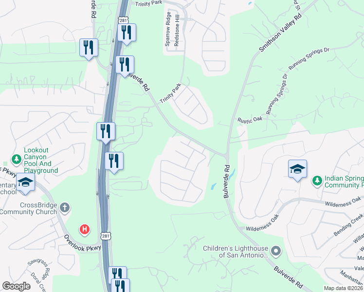 map of restaurants, bars, coffee shops, grocery stores, and more near 2418 Verona Park in San Antonio