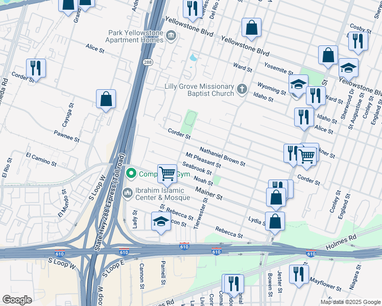 map of restaurants, bars, coffee shops, grocery stores, and more near 3517 Mount Pleasant Street in Houston