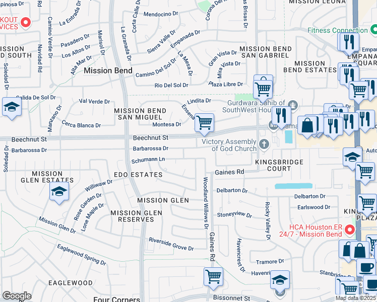 map of restaurants, bars, coffee shops, grocery stores, and more near 15415 Barbarossa Drive in Houston
