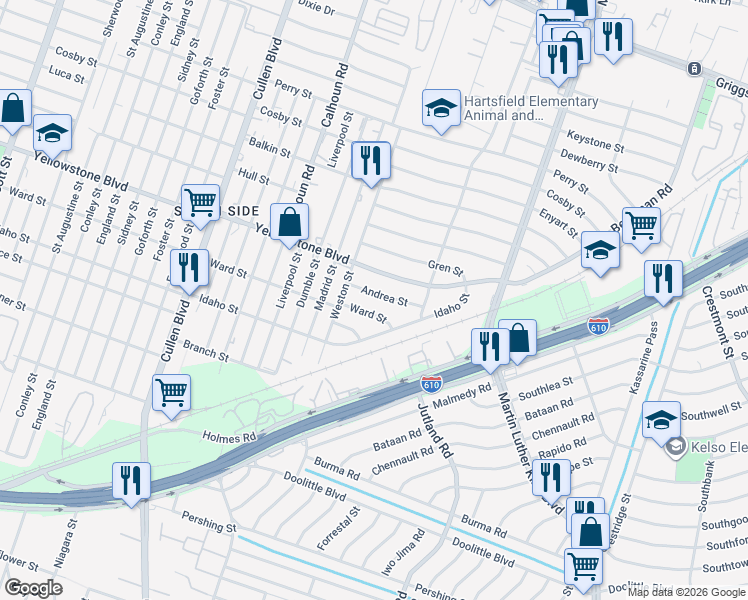 map of restaurants, bars, coffee shops, grocery stores, and more near 4926 Andrea Street in Houston