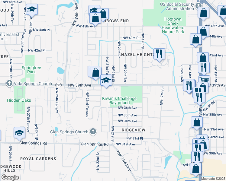 map of restaurants, bars, coffee shops, grocery stores, and more near 2101 Northwest 39th Avenue in Gainesville