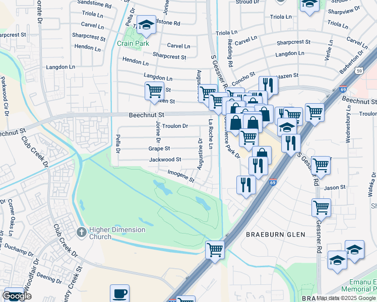 map of restaurants, bars, coffee shops, grocery stores, and more near 8819 Grape Street in Houston