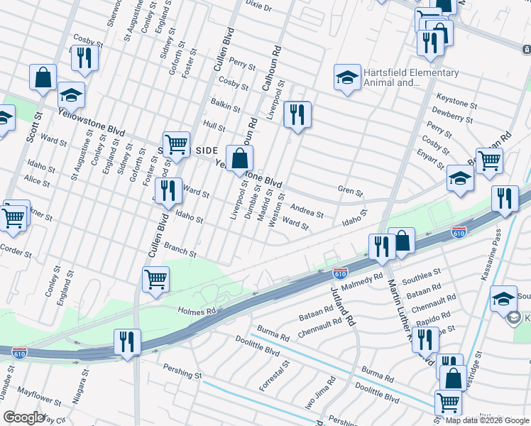 map of restaurants, bars, coffee shops, grocery stores, and more near 6734 Weston Street in Houston