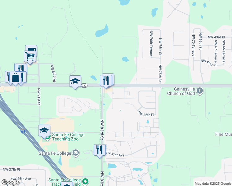 map of restaurants, bars, coffee shops, grocery stores, and more near 8013 Northwest 39th Avenue in Gainesville