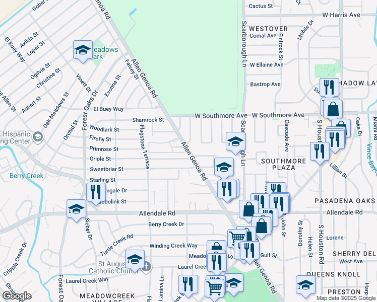 map of restaurants, bars, coffee shops, grocery stores, and more near 5715 Oriole Street in Houston