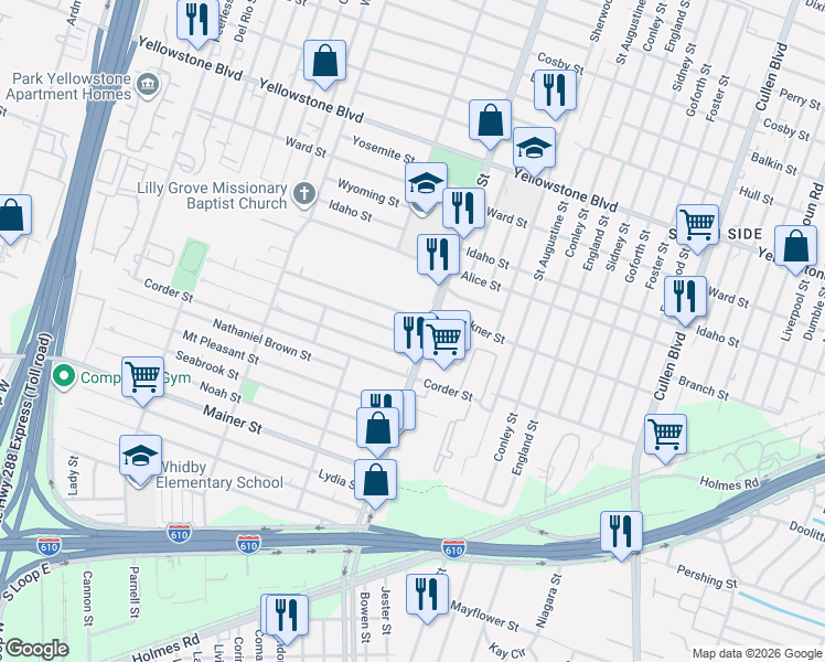 map of restaurants, bars, coffee shops, grocery stores, and more near in Houston
