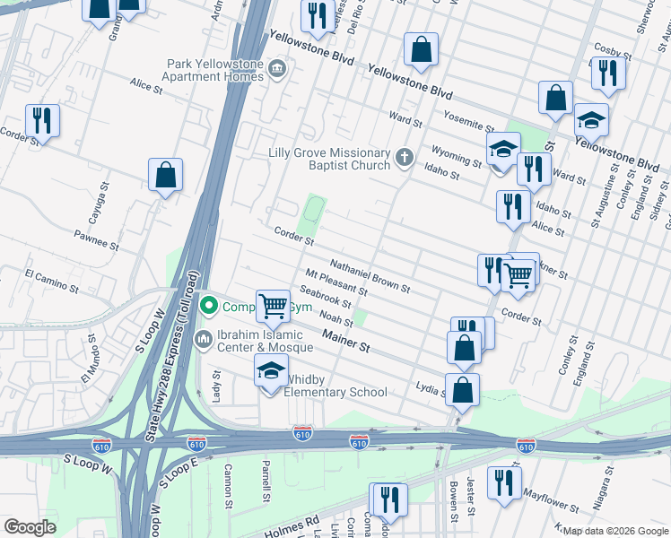map of restaurants, bars, coffee shops, grocery stores, and more near 3555 Nathaniel Brown Street in Houston