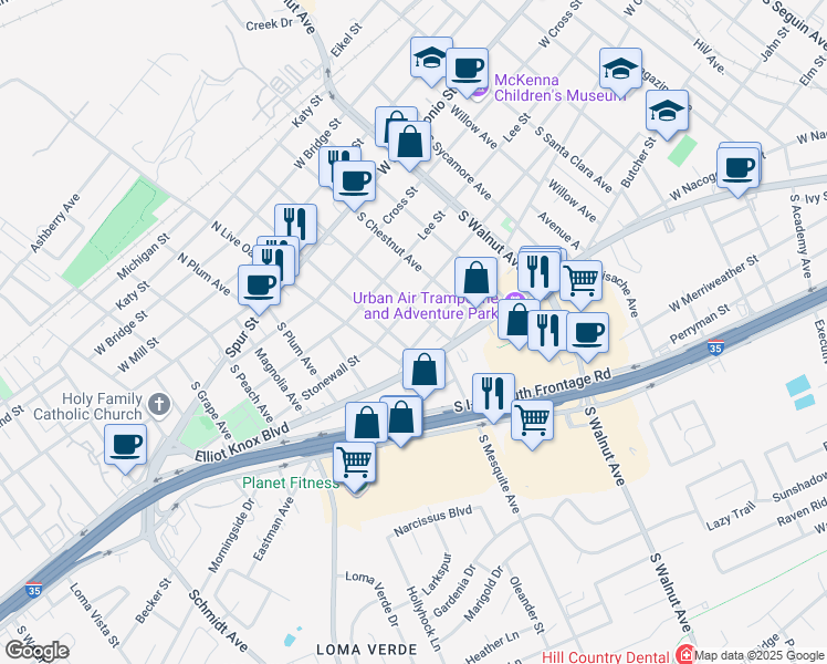 map of restaurants, bars, coffee shops, grocery stores, and more near 1475 Stonewall Street in New Braunfels