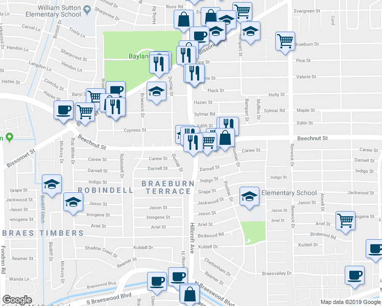 map of restaurants, bars, coffee shops, grocery stores, and more near 8402 Hillcroft Avenue in Houston