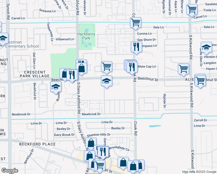 map of restaurants, bars, coffee shops, grocery stores, and more near 8410 Dairy View Lane in Houston