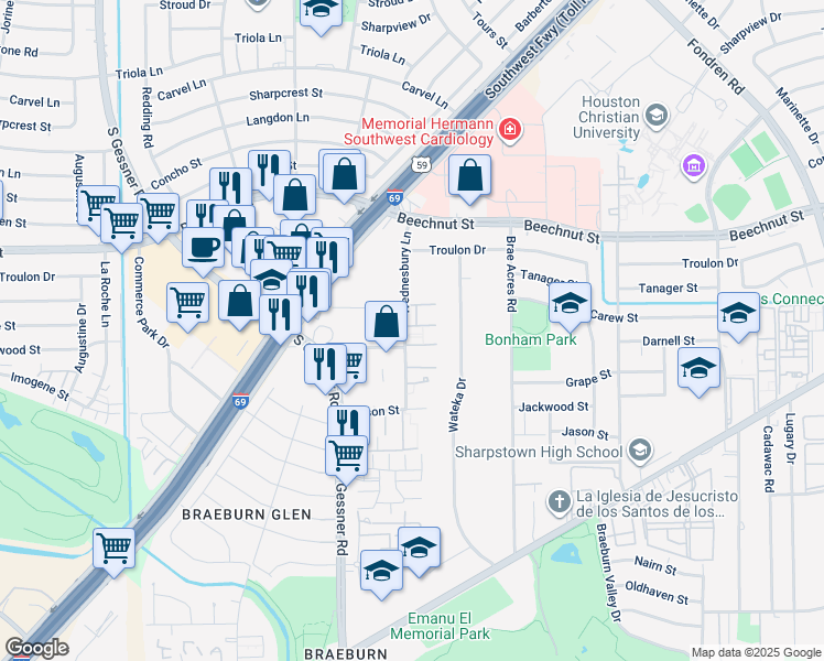 map of restaurants, bars, coffee shops, grocery stores, and more near 8305 Wednesbury Lane in Houston