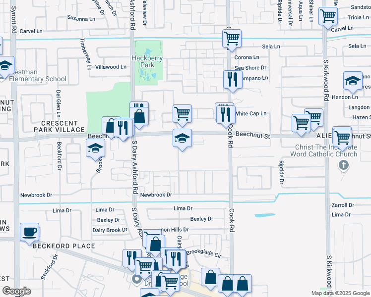 map of restaurants, bars, coffee shops, grocery stores, and more near 8410 Dairy View Lane in Houston