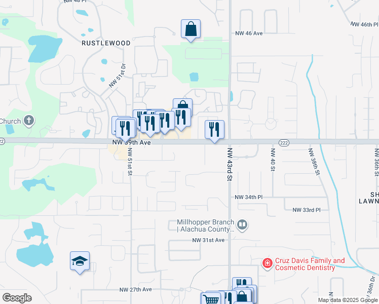 map of restaurants, bars, coffee shops, grocery stores, and more near 4551 Northwest 39th Avenue in Gainesville