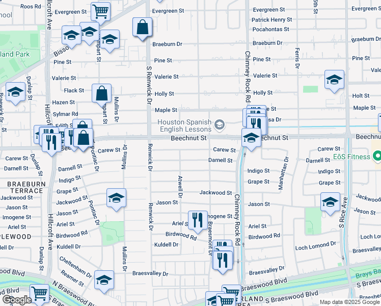 map of restaurants, bars, coffee shops, grocery stores, and more near 5427 Carew St in Houston