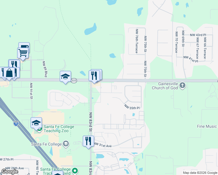 map of restaurants, bars, coffee shops, grocery stores, and more near 8013 Northwest 39th Avenue in Gainesville