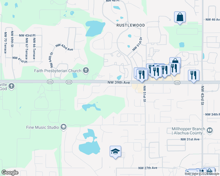 map of restaurants, bars, coffee shops, grocery stores, and more near 5605 Northwest 38th Place in Gainesville