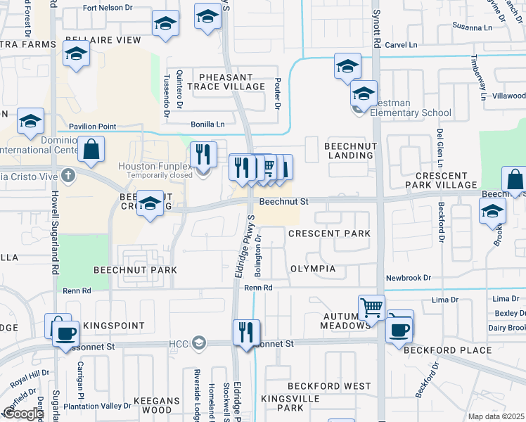 map of restaurants, bars, coffee shops, grocery stores, and more near 13555 Beechnut Street in Houston