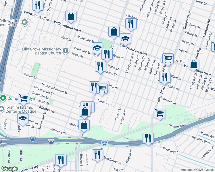 map of restaurants, bars, coffee shops, grocery stores, and more near 3926 Faulkner Street in Houston