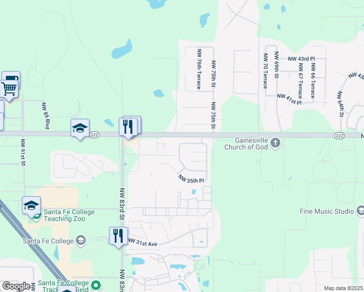 map of restaurants, bars, coffee shops, grocery stores, and more near 7727 Northwest 38 Place in Gainesville