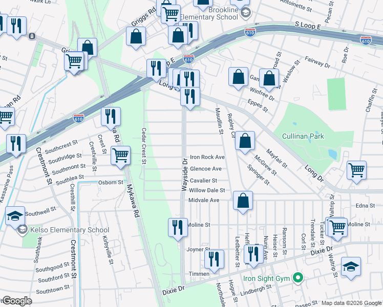 map of restaurants, bars, coffee shops, grocery stores, and more near 6209 Iron Rock Avenue in Houston