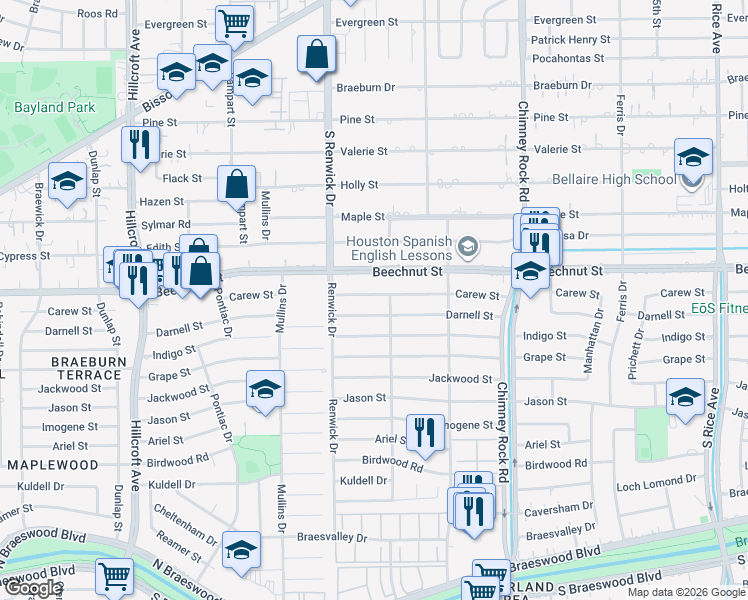 map of restaurants, bars, coffee shops, grocery stores, and more near 5451 Carew Street in Houston