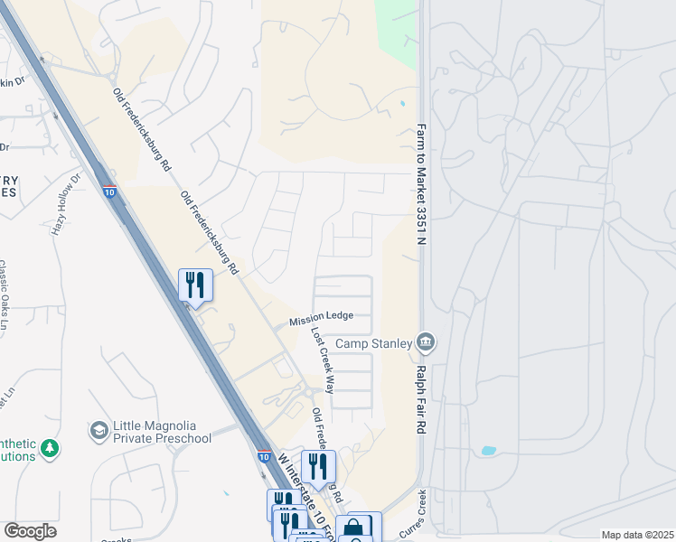 map of restaurants, bars, coffee shops, grocery stores, and more near 7639 Mission Summit in Boerne