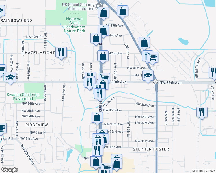map of restaurants, bars, coffee shops, grocery stores, and more near 1235 Northwest 39th Avenue in Gainesville