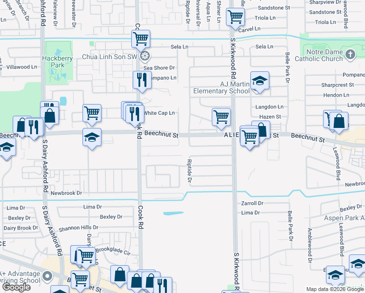 map of restaurants, bars, coffee shops, grocery stores, and more near 12111 Troulon Drive in Houston