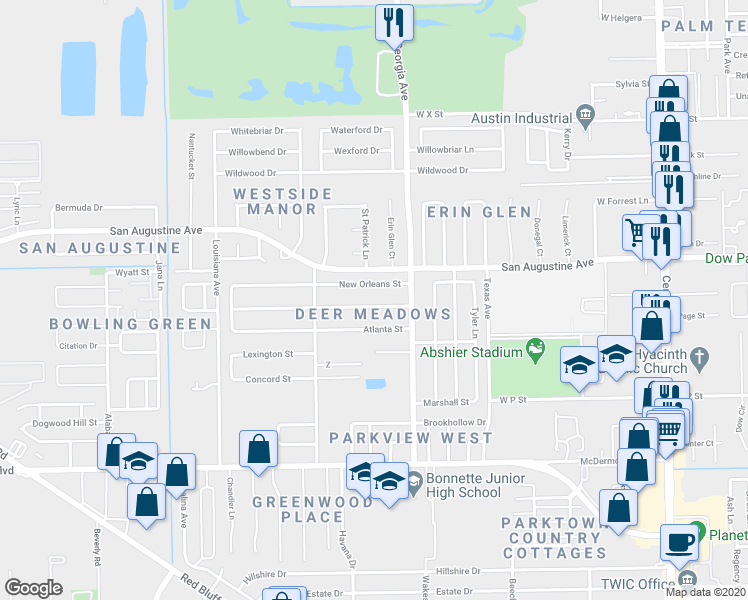 map of restaurants, bars, coffee shops, grocery stores, and more near 1409 Tulsa Street in Deer Park