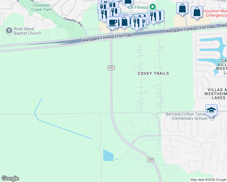 map of restaurants, bars, coffee shops, grocery stores, and more near 222 Farm to Market 359 in Richmond