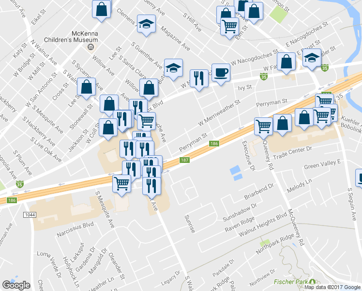 map of restaurants, bars, coffee shops, grocery stores, and more near 842 Perryman Street in New Braunfels