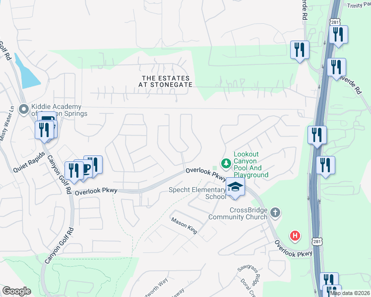 map of restaurants, bars, coffee shops, grocery stores, and more near 26107 Lookout Falls in San Antonio