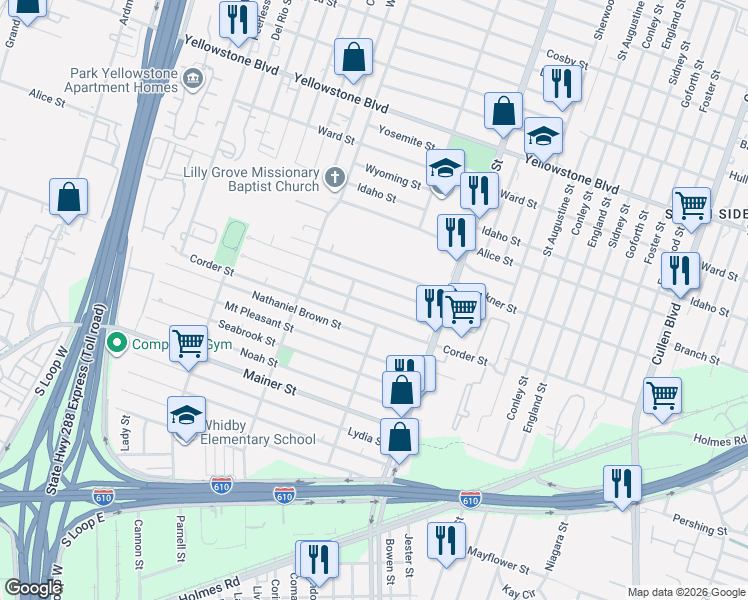 map of restaurants, bars, coffee shops, grocery stores, and more near 3727 Dreyfus Street in Houston
