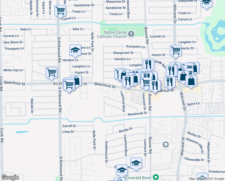 map of restaurants, bars, coffee shops, grocery stores, and more near 11441 Beechnut Street in Houston